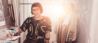 Buy stock photo Portrait of a stylish young designer sitting in her eclectic studio