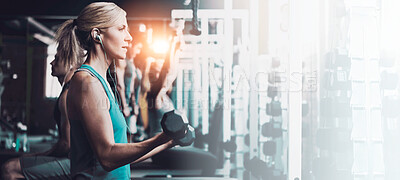 Buy stock photo Shot of a woman doing a upper-body workout at the gym