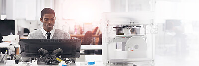 Buy stock photo Cropped shot of a young man printing his designs on a 3D printer