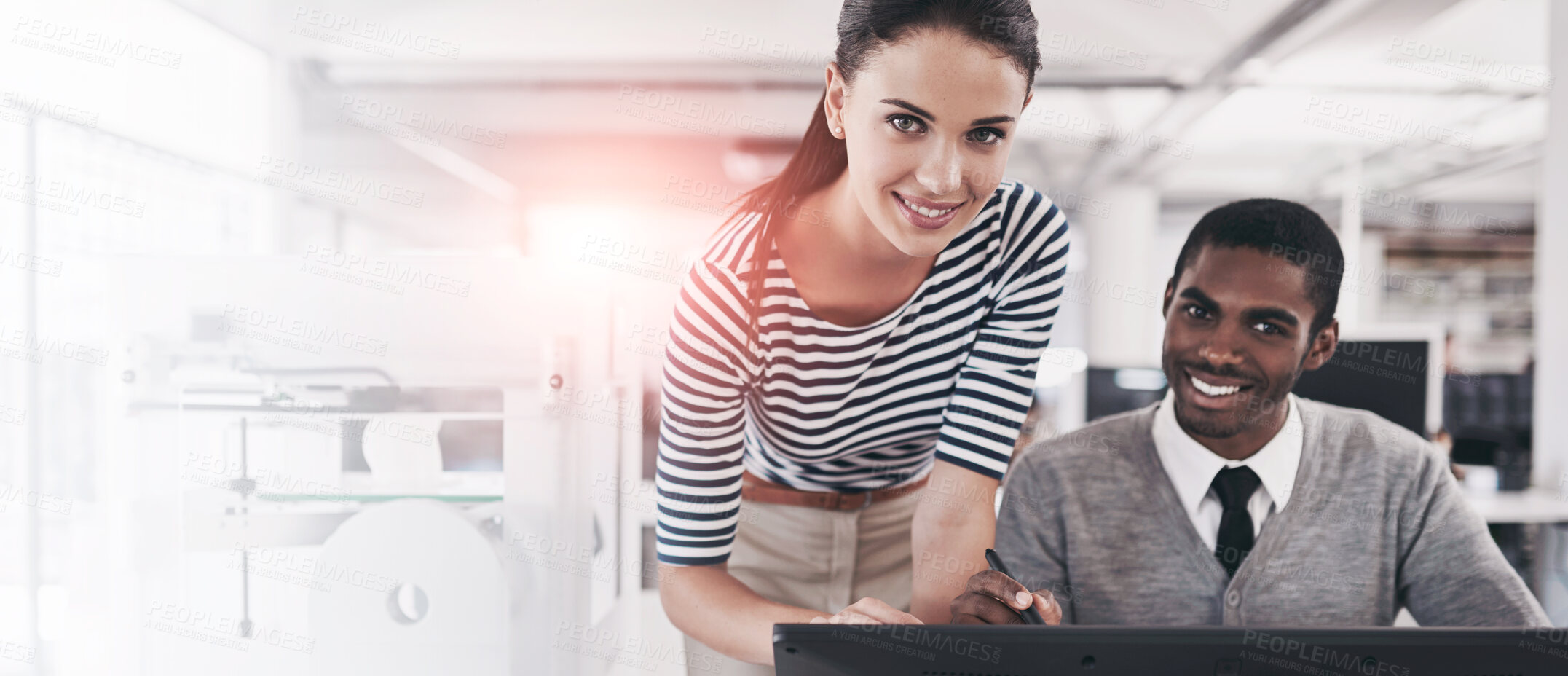 Buy stock photo Portrait of two colleagues working together with a touchscreen computer and a 3d printer