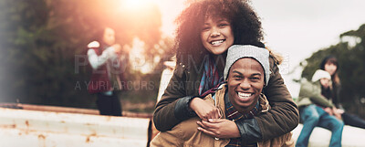 Buy stock photo Portrait of a happy young couple enjoying the winter weather outside