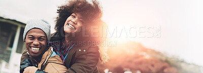 Buy stock photo Happy, couple portrait and piggyback with sunset, bonding and fun on holiday with winter date. Smile, african man and woman with vacation with park, care and freedom in nature, forest or woods travel