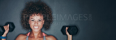 Buy stock photo Studio shot of a fit young woman lifting weights against a grey background