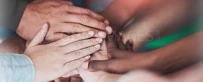 Buy stock photo High angle shot of university students' hands in a huddle