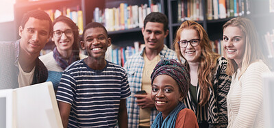 Buy stock photo Portrait of a group of university students doing a group project in the campus library