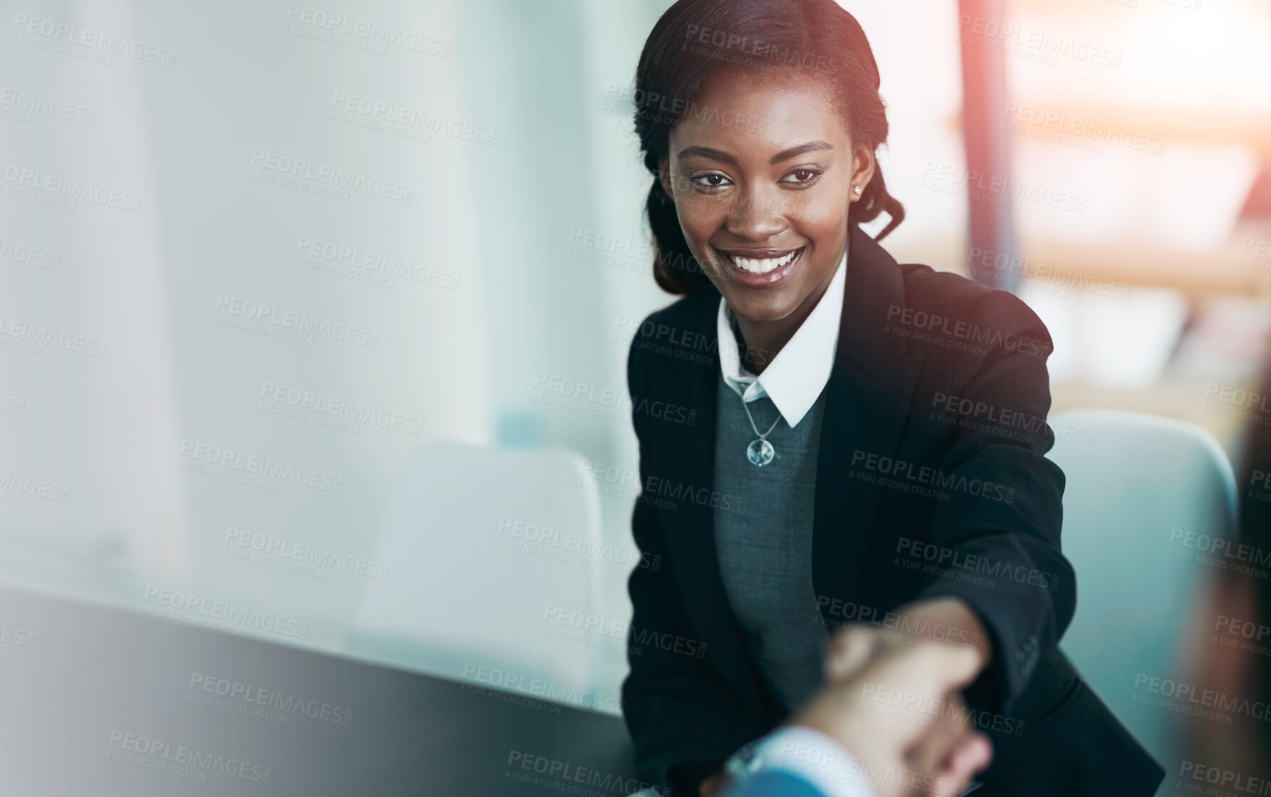 Buy stock photo Woman, handshake and happy with interview in office for recruitment, deal and hiring at hr agency. Business people, smile and shaking hands with space, agreement or human resources for onboarding