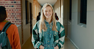 Buy stock photo Smile, hallway and portrait of girl at school with backpack for learning, studying or knowledge. Happy, teenager and student from Canada in corridor of academy for education class with scholarship.