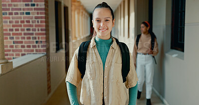 Buy stock photo Happy, hallway and portrait of student at school with backpack for learning, studying or knowledge. Smile, teenager and girl from Portugal in corridor of academy for education class with scholarship.