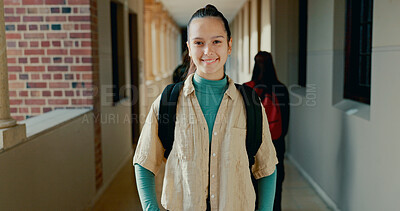 Buy stock photo Happy, hallway and portrait of girl at academy with backpack for learning, studying or knowledge. Smile, teenager and student from Portugal in corridor of school for education class with scholarship.