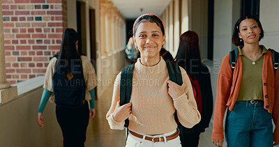 Buy stock photo Education, hallway and portrait of girl at school with backpack for learning, studying or knowledge. Happy, teenager and gen z student from Brazil in corridor of academy for class with scholarship.