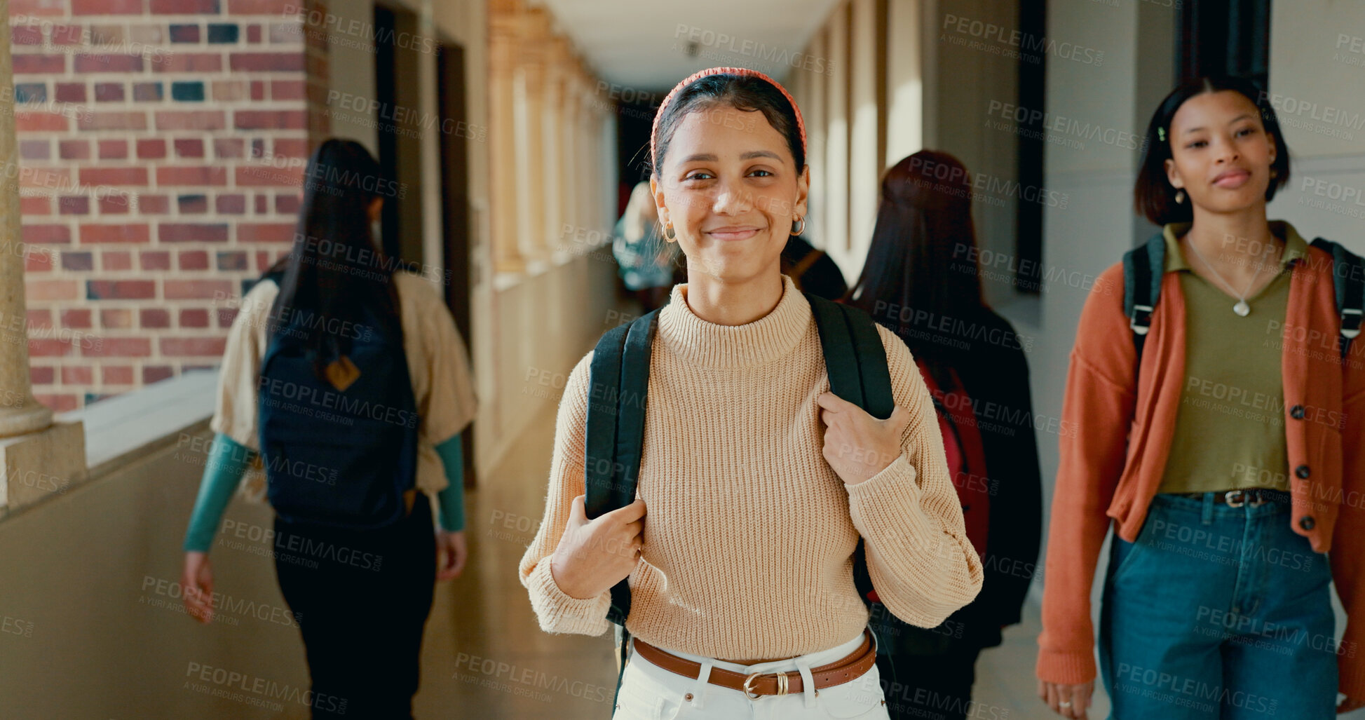 Buy stock photo Education, hallway and portrait of girl at school with backpack for learning, studying or knowledge. Happy, teenager and gen z student from Brazil in corridor of academy for class with scholarship.