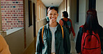 Happy, corridor and portrait of student at school with backpack for learning, studying or knowledge. Smile, teenager and girl from Mexico in hallway of academy for education class with scholarship.