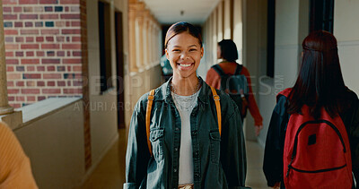 Buy stock photo Happy, corridor and portrait of student at school with backpack for learning, studying or knowledge. Smile, teenager and girl from Mexico in hallway of academy for education class with scholarship.