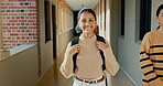 Happy, corridor and portrait of girl at school with backpack for learning, studying or knowledge. Smile, teenager and student from Mexico in hallway of academy for education class with scholarship.