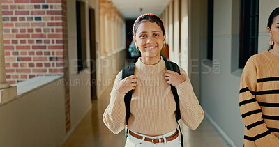 Buy stock photo Happy, corridor and portrait of girl at school with backpack for learning, studying or knowledge. Smile, teenager and student from Mexico in hallway of academy for education class with scholarship.