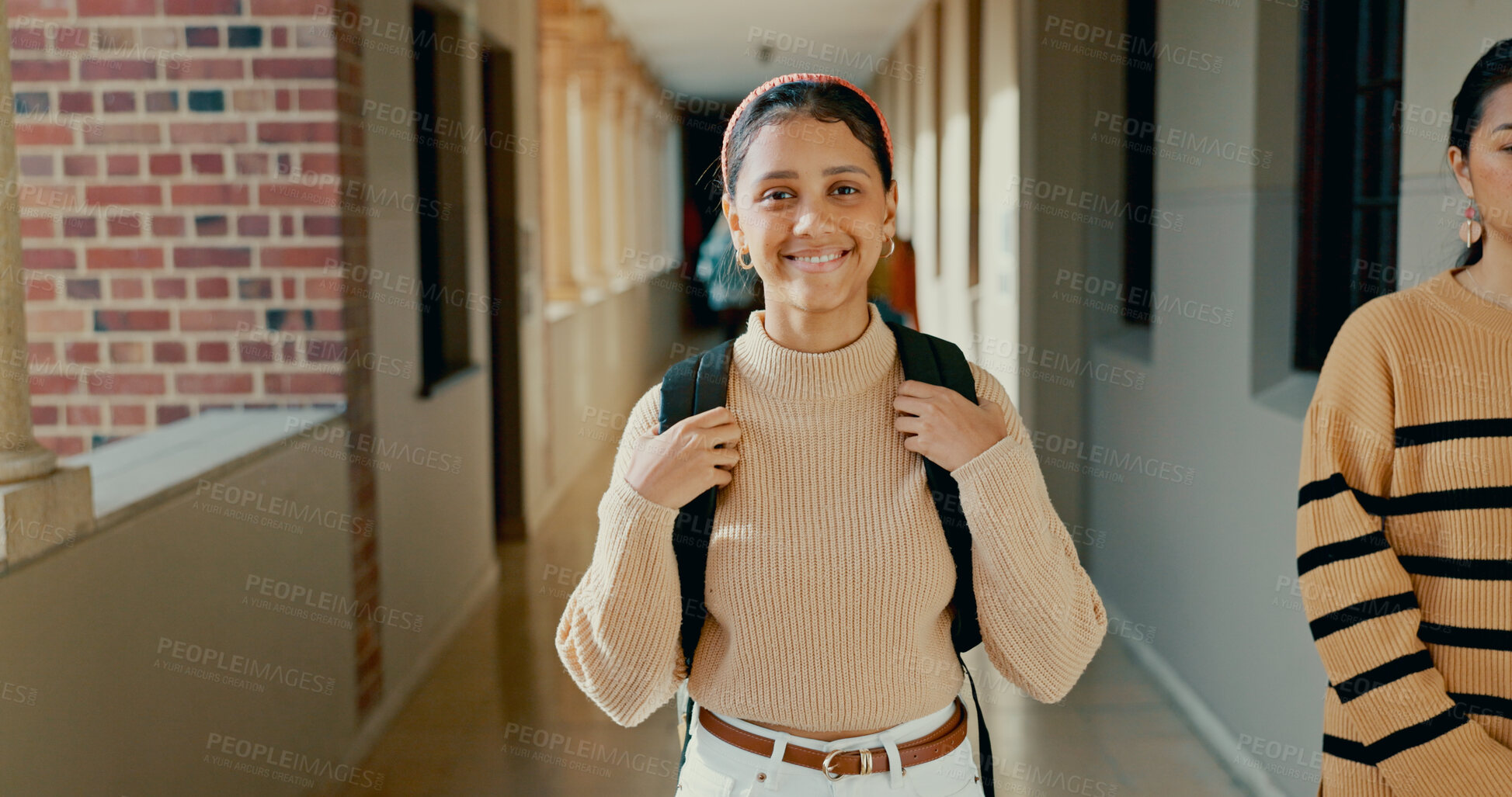 Buy stock photo Happy, corridor and portrait of girl at school with backpack for learning, studying or knowledge. Smile, teenager and student from Mexico in hallway of academy for education class with scholarship.