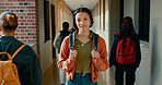 Happy, hallway and portrait of girl at school with backpack for learning, studying or knowledge. Smile, teenager and student from Brazil in corridor of academy for education class with scholarship.