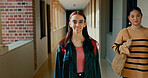 School, hallway and portrait of student at academy with backpack for learning, studying or knowledge. Smile, teenager and happy girl from Brazil in corridor for education class with scholarship.