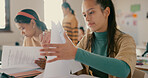 Education, school and students with notes in classroom with studying for test, exam or assignment. Learning, girls and friends working on team project together with books for information at academy.