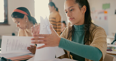 Buy stock photo Education, school and students with notes in classroom with studying for test, exam or assignment. Learning, girls and friends working on team project together with books for information at academy.