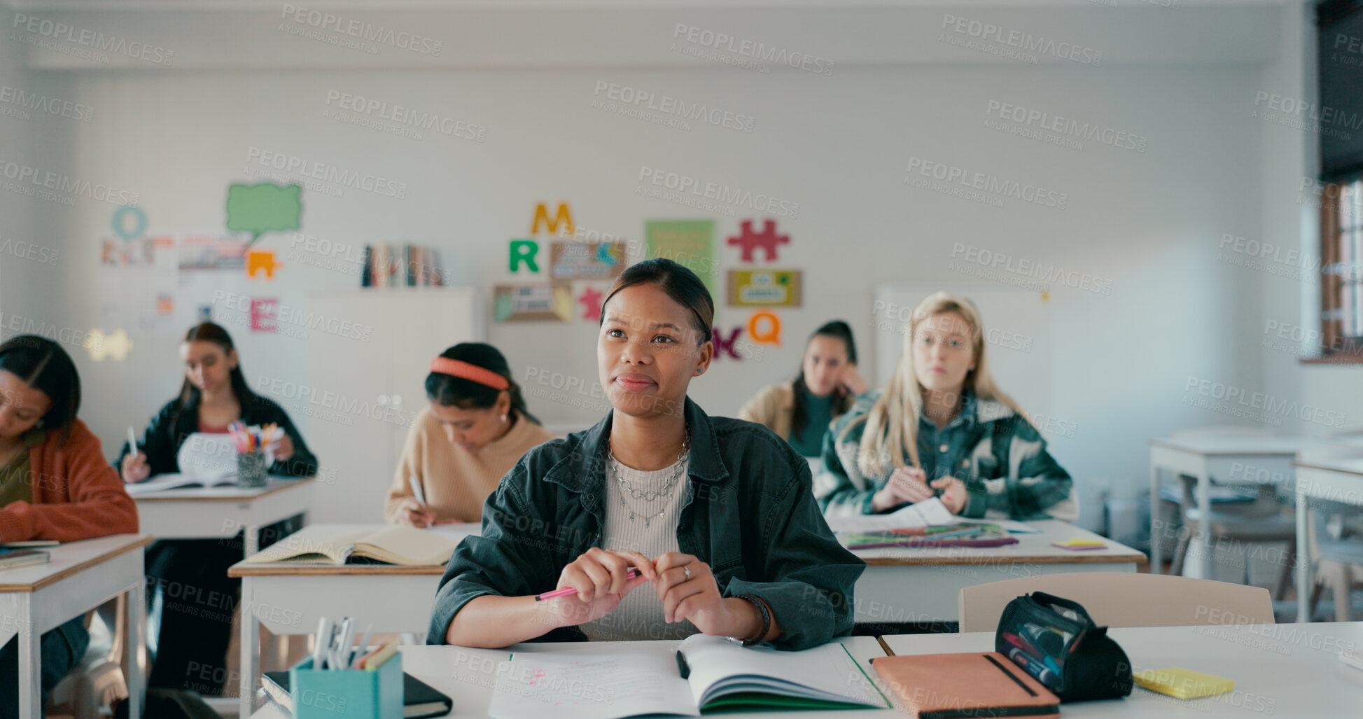 Buy stock photo Notebook, lesson and education with girl in classroom for learning, entrance exam and scholarship. Test, knowledge and future with student in high school for solution, studying and problem solving