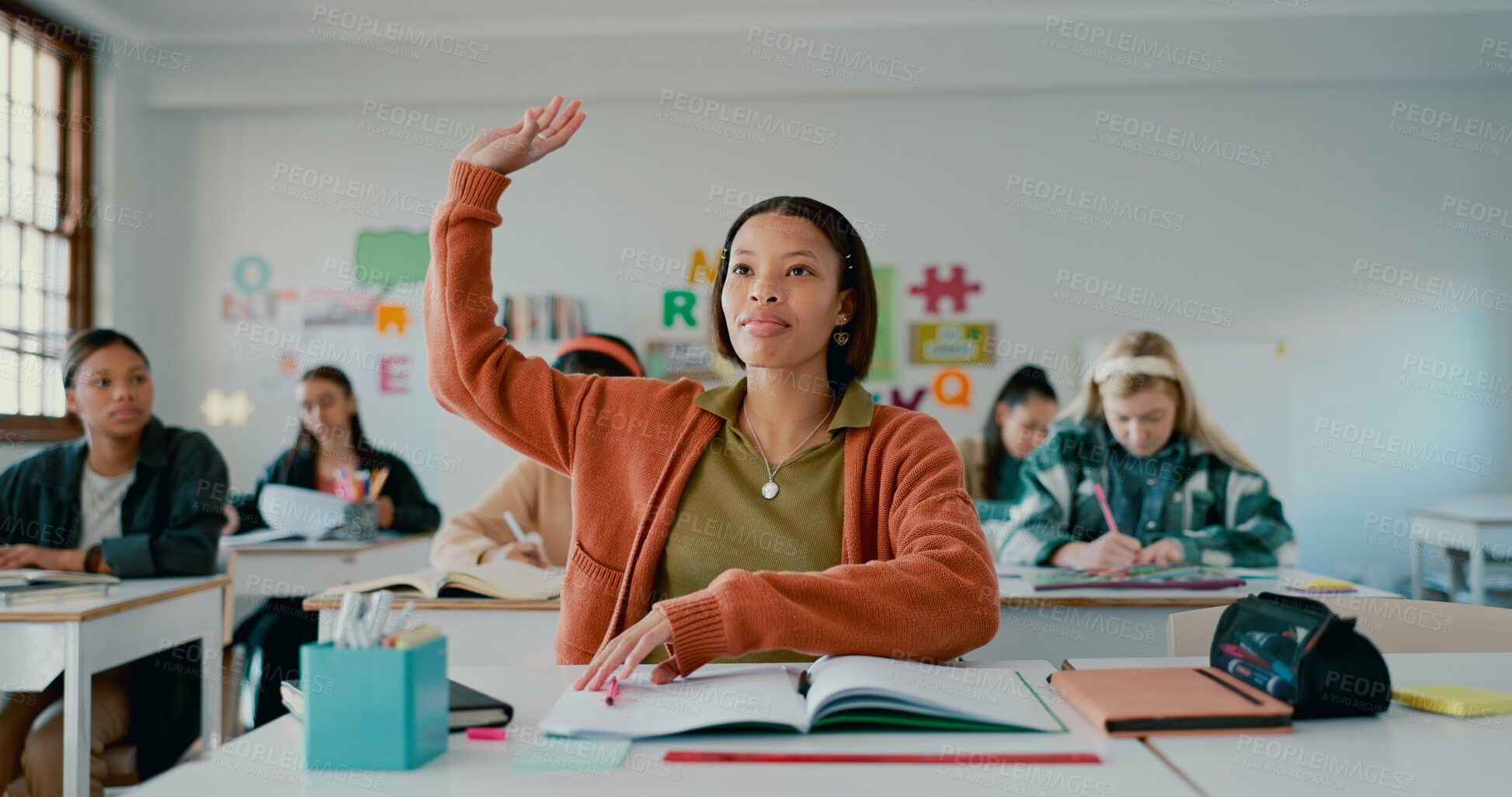 Buy stock photo Answer, hands raised and education with girl in classroom for learning, idea and scholarship. Question, knowledge and future with student in high school for solution, studying and problem solving
