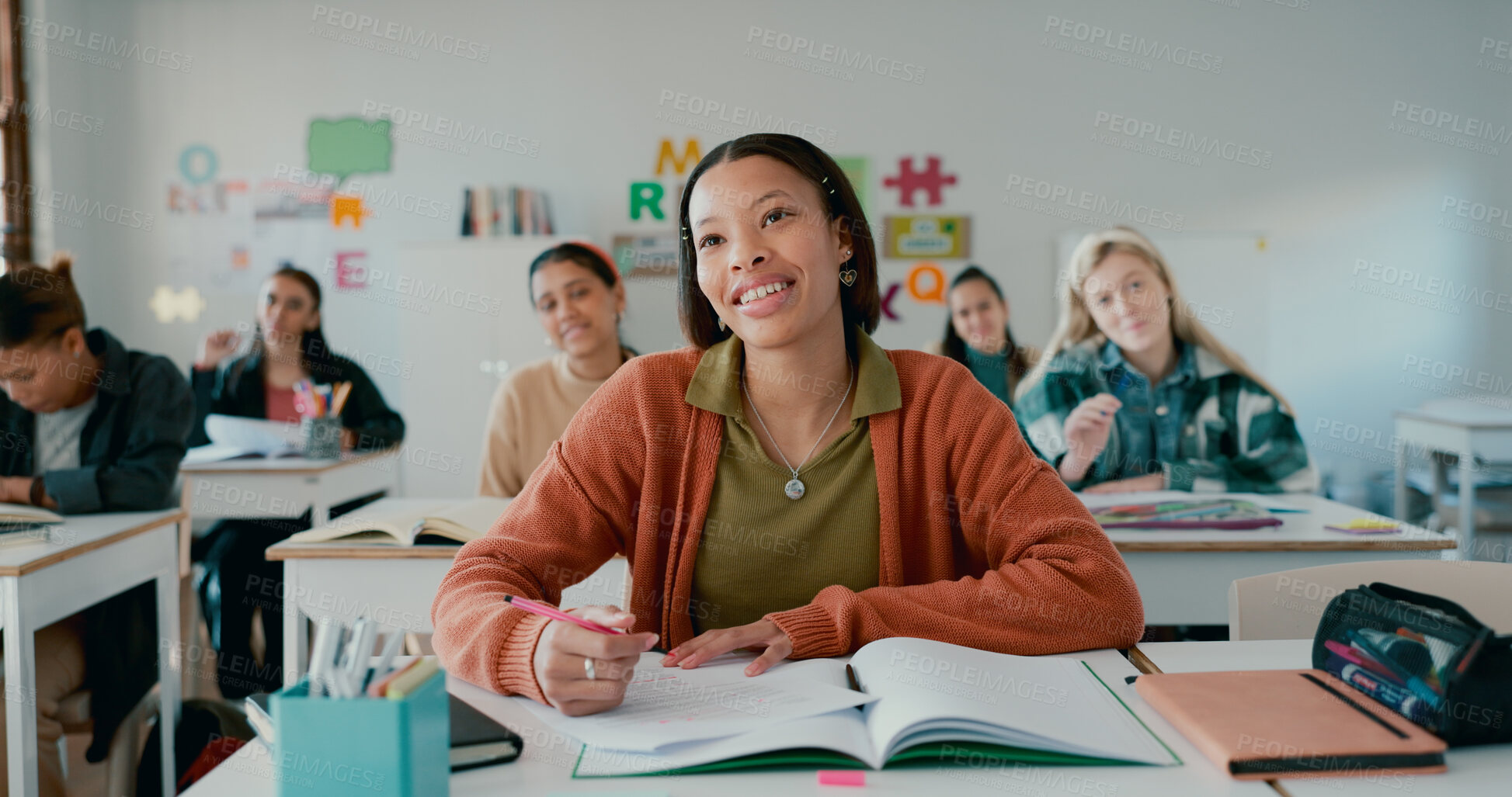 Buy stock photo Education, smile and student with girl in classroom for learning, notebook and scholarship. Academy, knowledge and future with person in high school for solution, studying and problem solving
