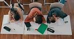 Tired, sleeping and students on desk in classroom at school with fatigue in lesson for learning. Burnout, rest and group of teenagers with nap for exhaustion with education, learning or studying.