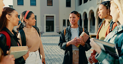 Buy stock photo Friends, girls and students with backpack on campus together for exam conversation and college gossip in circle. University, people and diversity with bonding, learning break or happy for scholarship