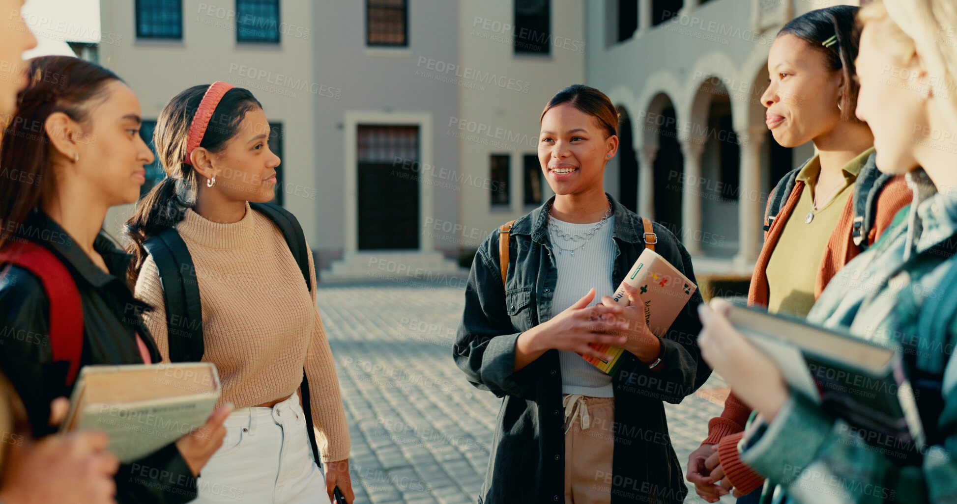 Buy stock photo Friends, girls and students with backpack on campus together for exam conversation and college gossip in circle. University, people and diversity with bonding, learning break or happy for scholarship