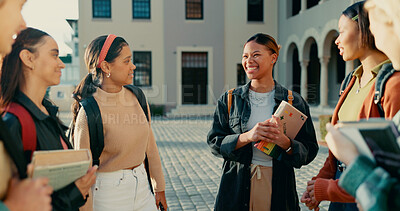 Buy stock photo Friends, students and girls at university with talking in circle for funny conversation, college joke and backpack. Campus, people and diversity with bonding, learning break and happy for scholarship