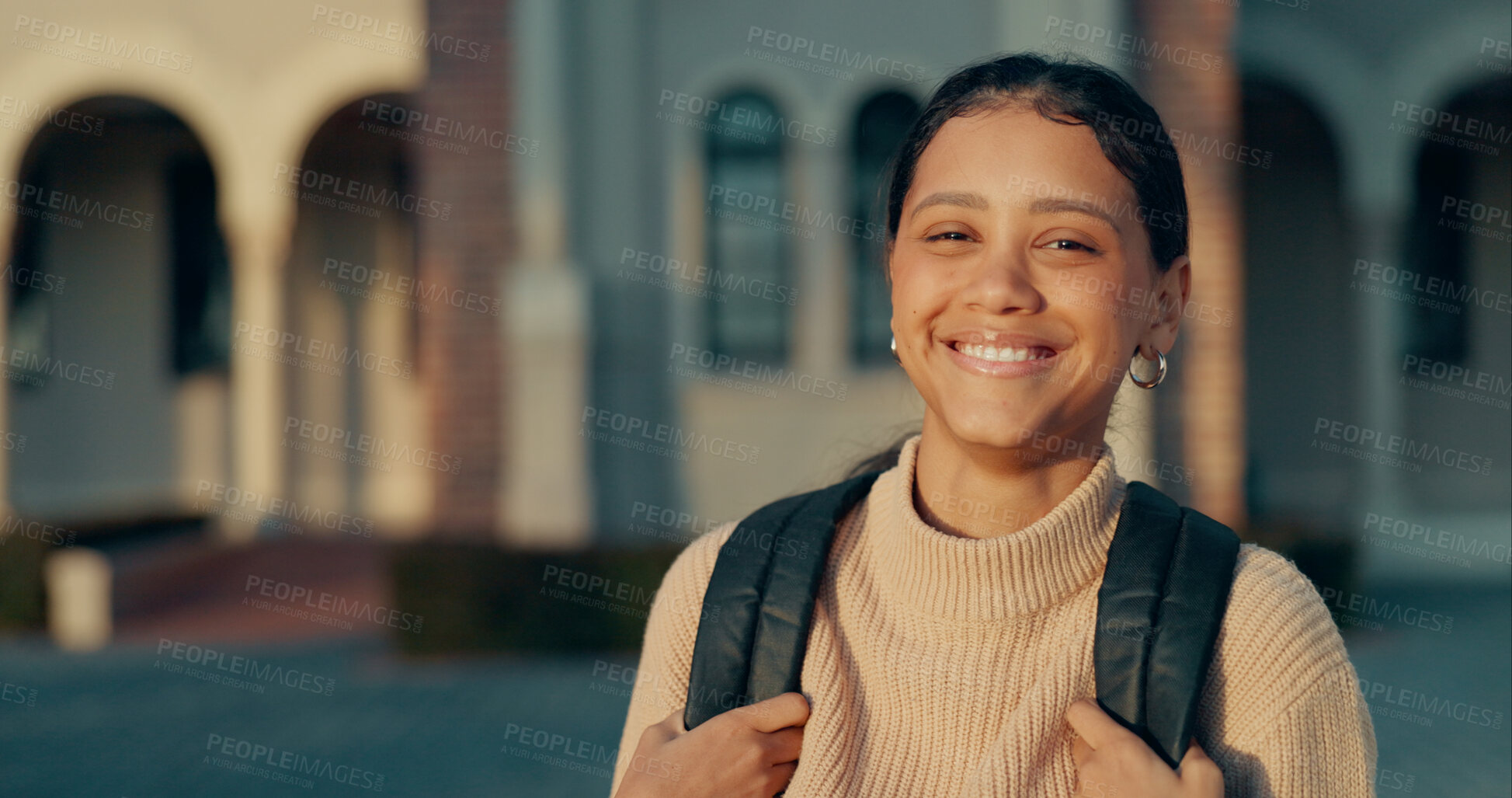 Buy stock photo Happy, school and portrait of girl outdoor with backpack for education, learning and knowledge. Smile, academy and gen z student from Colombia by building at campus for pride  for scholarship.