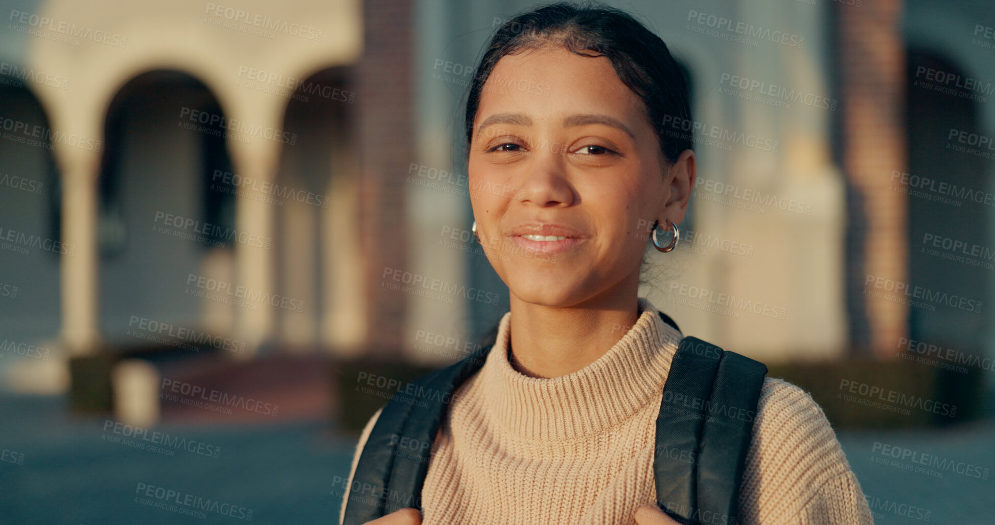 Buy stock photo Smile, school and portrait of girl outdoor with backpack for education, learning and knowledge. Happy, academy and gen z student from Colombia by building at campus for pride  for scholarship.