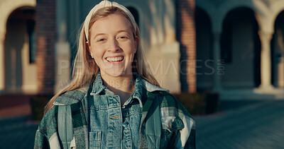 Buy stock photo Smile, school and portrait of girl outdoor with positive attitude for education, learning and knowledge. Happy, academy and gen z student from Canada by building at campus for pride for scholarship.