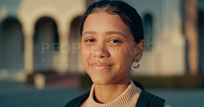 Buy stock photo Happy, academy and portrait of girl outdoor with backpack for education, learning and knowledge. Smile, school and gen z student from Colombia by building at campus for pride  for scholarship.