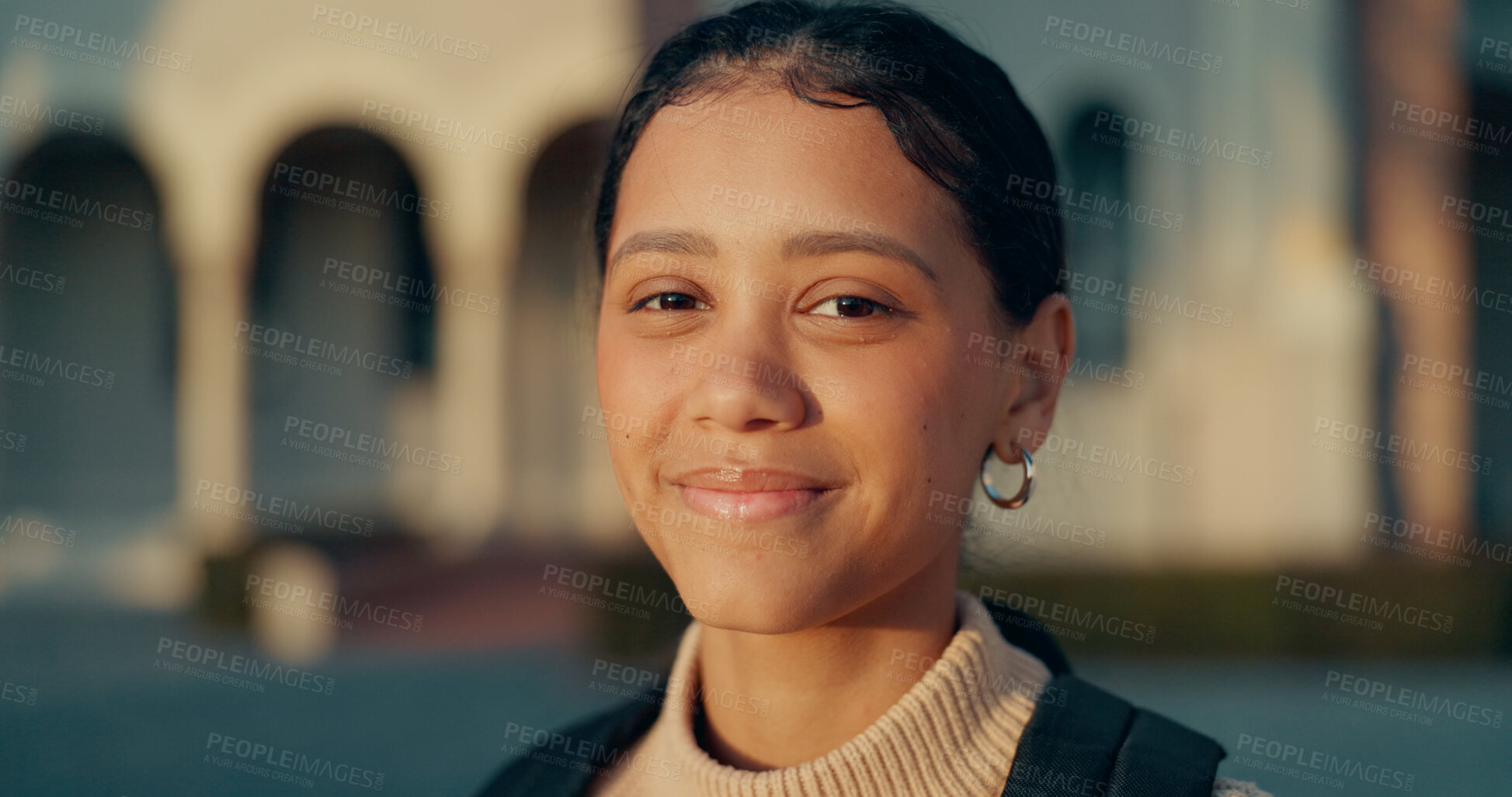 Buy stock photo Happy, academy and portrait of girl outdoor with backpack for education, learning and knowledge. Smile, school and gen z student from Colombia by building at campus for pride  for scholarship.