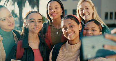 Buy stock photo Happy, women and smile with selfie at college for education, learning and memory at campus together. Friends, students and backpack with outdoor digital photography for social media, post and update