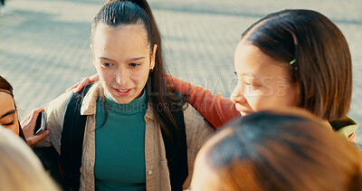 Buy stock photo Students, girls or discussion outdoor on campus for conversation, university gossip and backpack in circle. College, friends and bonding with huddle, learning break and happy for study scholarship