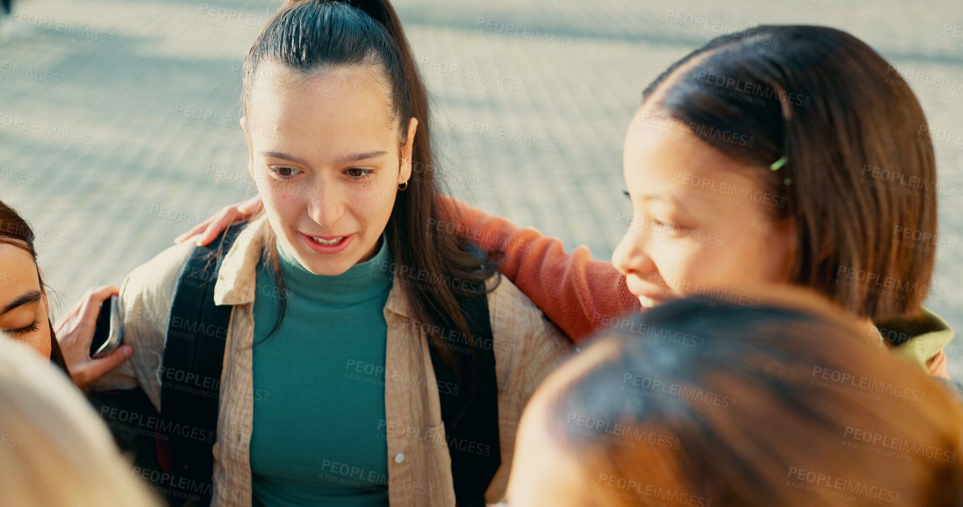 Buy stock photo Students, girls or discussion outdoor on campus for conversation, university gossip and backpack in circle. College, friends and bonding with huddle, learning break and happy for study scholarship