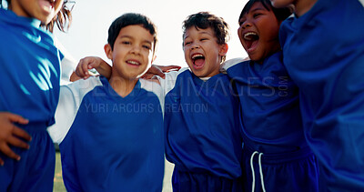 Buy stock photo Happy children, soccer and team with hug for celebration, winning or fun competition on field. Young, excited group or elementary kids with smile in huddle for sports victory, match or outdoor game