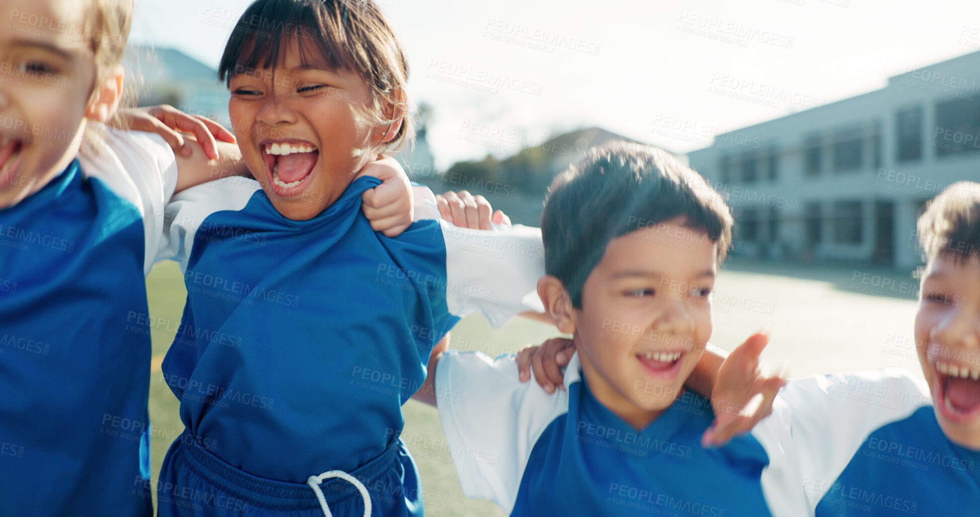 Buy stock photo Children, soccer team and happy with hug on field, celebration and achievement for sport tournament. Friends, boys and girls with support for winning, game goal and group of football players on pitch