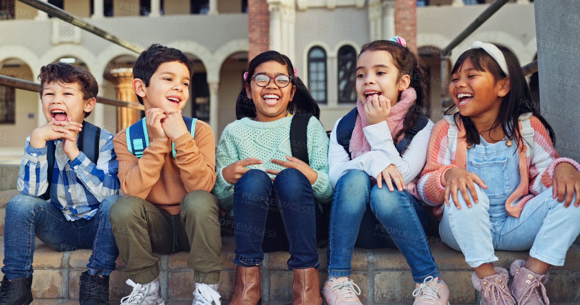 Buy stock photo School kids, happy and friends on stairs for laughing, joke and excited with diversity, learning or development. Children, start and smile on steps with connection, comic or funny memory at academy