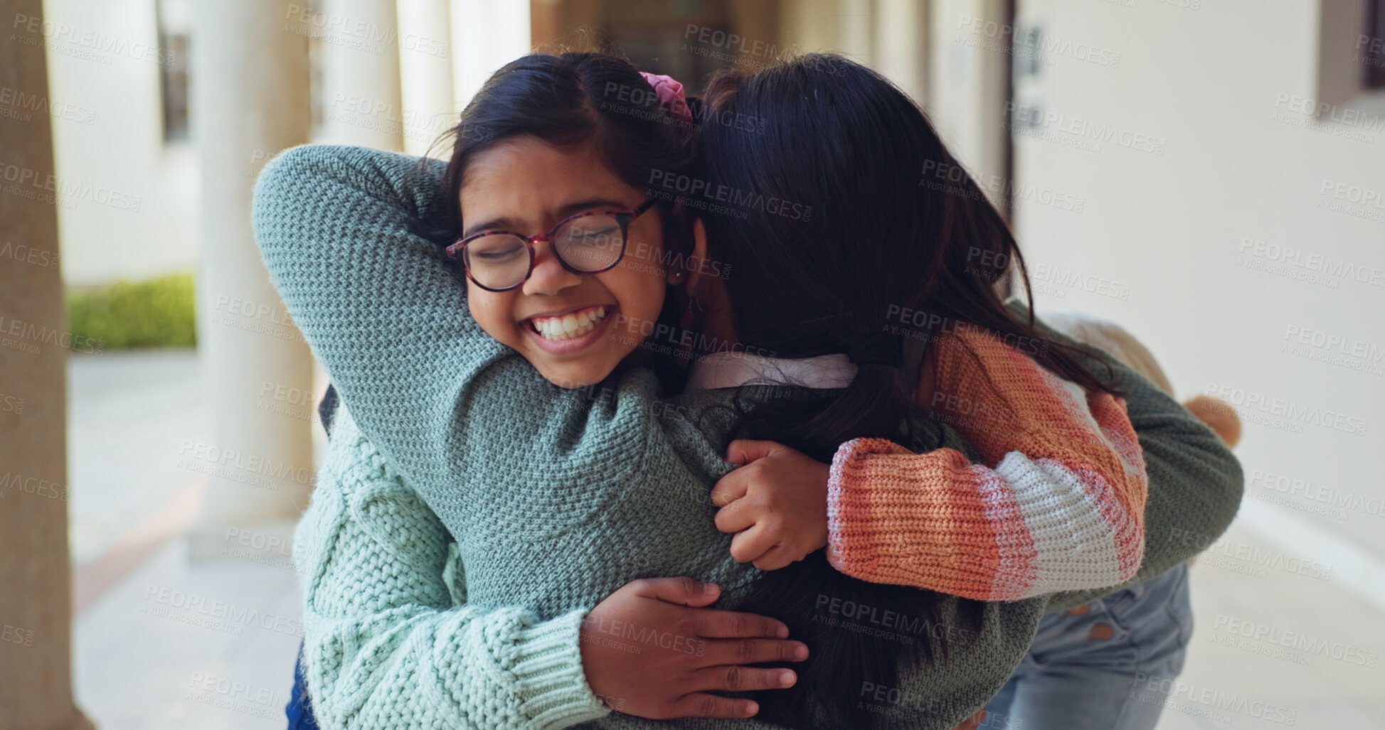 Buy stock photo Children, excited and parent at school for hug, goodbye and relationship development. Kids, happy and embrace mom at Montessori with energy, education and students in hallway with support and love