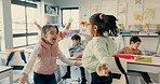 Happy kid, students or hug with celebration in classroom for holiday, summer or end of school semester. Young, excited or elementary children with smile for done, finished or academic break in recess