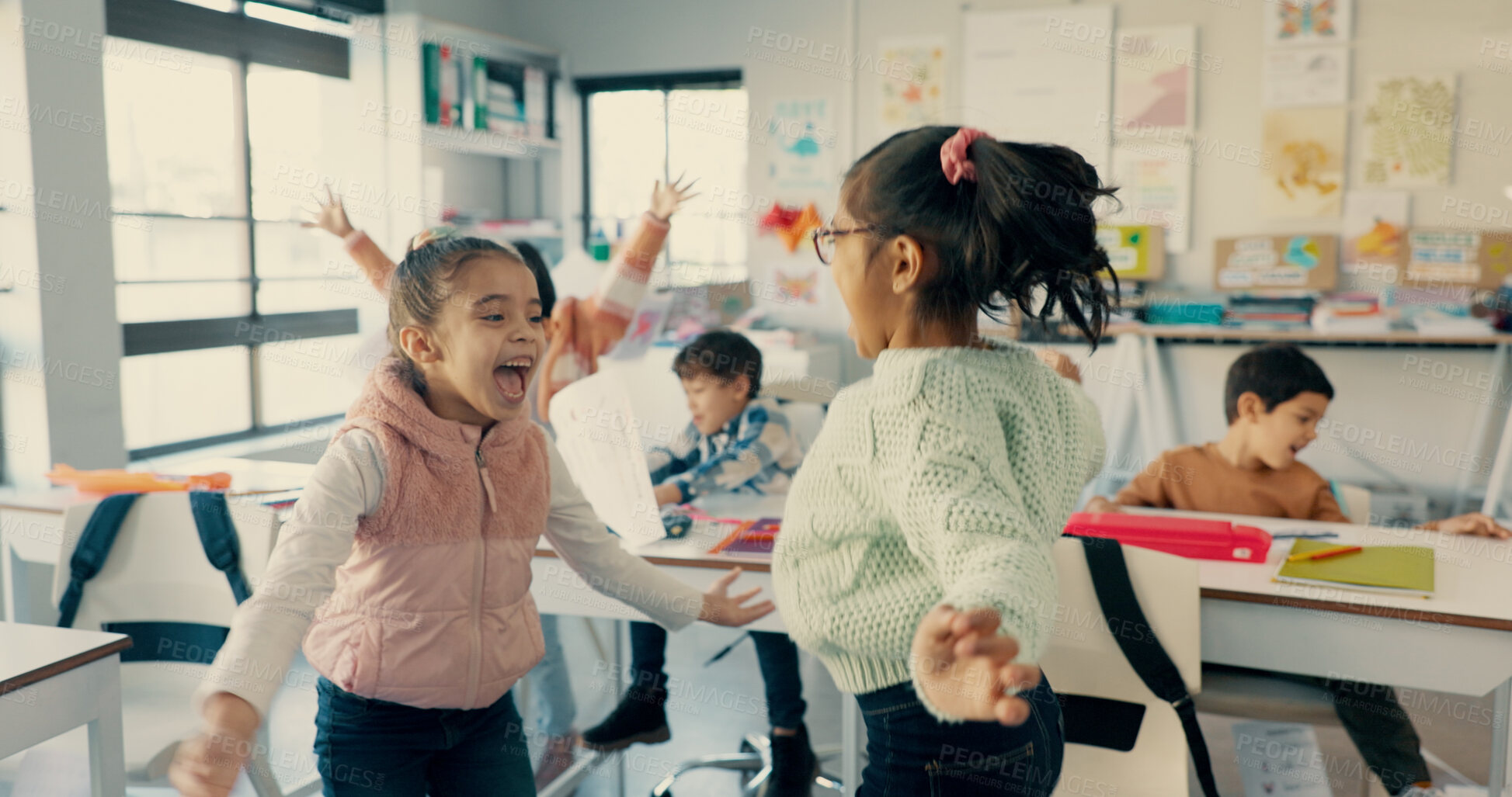 Buy stock photo Happy kid, students or hug with celebration in classroom for holiday, summer or end of school semester. Young, excited or elementary children with smile for done, finished or academic break in recess