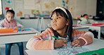 Thinking, kid and girl drawing in classroom with notebook, growth and development in education. Study, desk and child with color pencil, stationery and creative learning ideas at elementary school