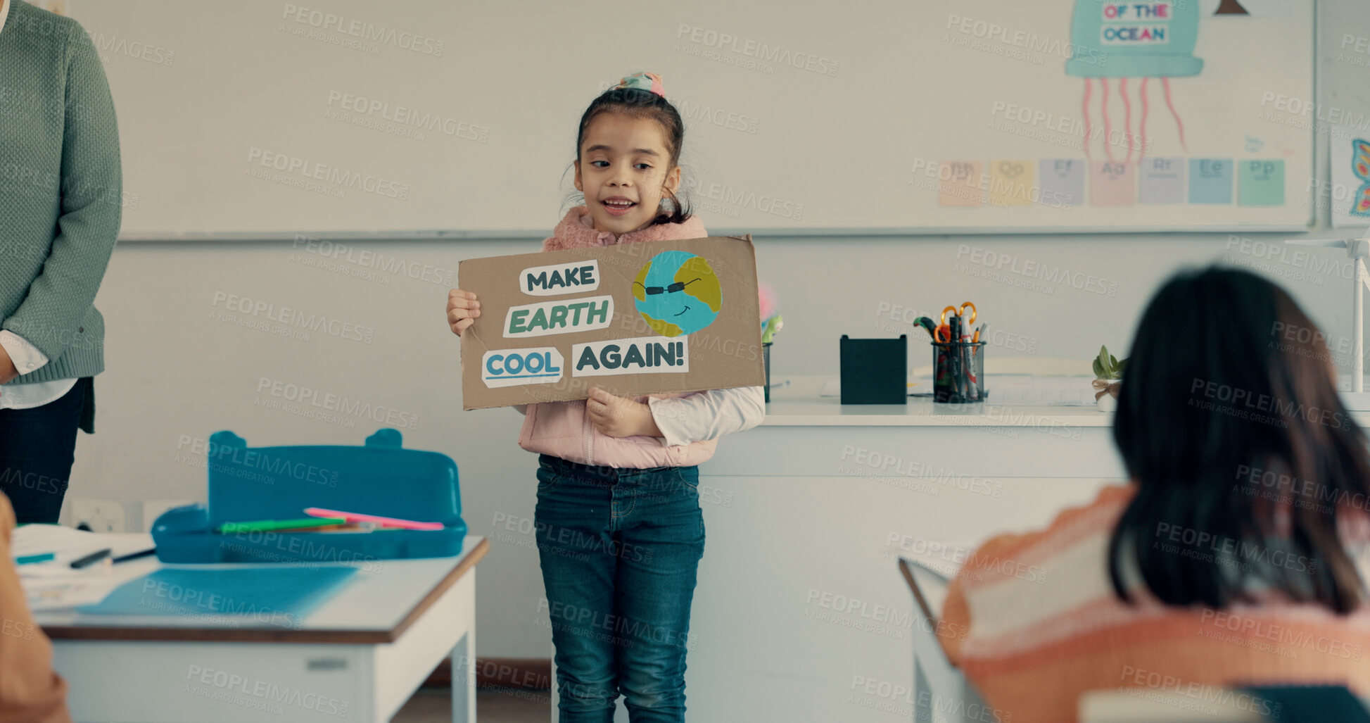 Buy stock photo School, student and presentation with poster in classroom for eco friendly project, sustainability lesson and climate change. Girl, child and oral speech for environmental conservation and earth day