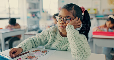 Buy stock photo Girl, child and bored with thinking at school for drawing, color or art with fatigue at academy. Kid, lazy and tired with  sketch, bear and burnout for education, development or creative in classroom