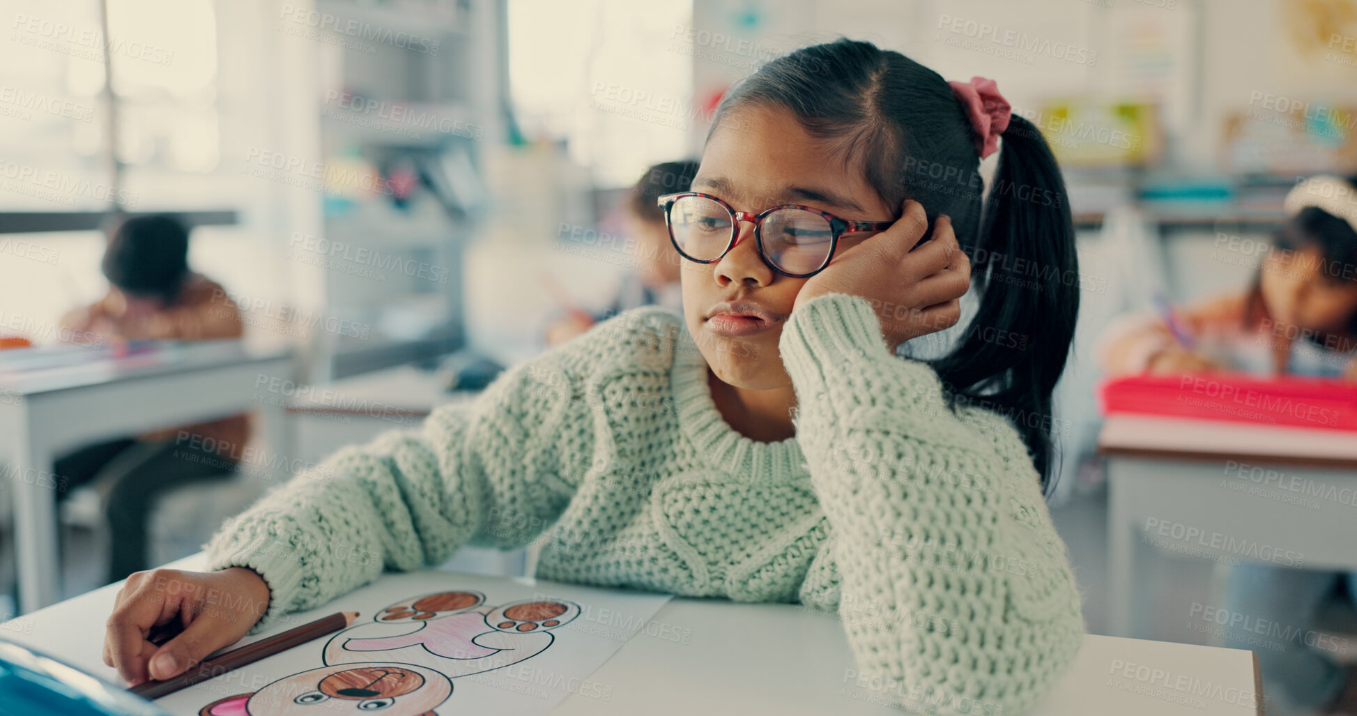 Buy stock photo Girl, child and bored with thinking at school for drawing, color or art with fatigue at academy. Kid, lazy and tired with  sketch, bear and burnout for education, development or creative in classroom