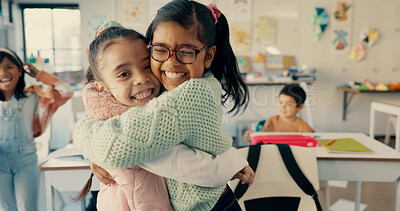 Buy stock photo Kids, excited and hug at school for celebration, victory and relationship development. Children, happy or embrace at Montessori with energy, education or students in classroom with diversity and love